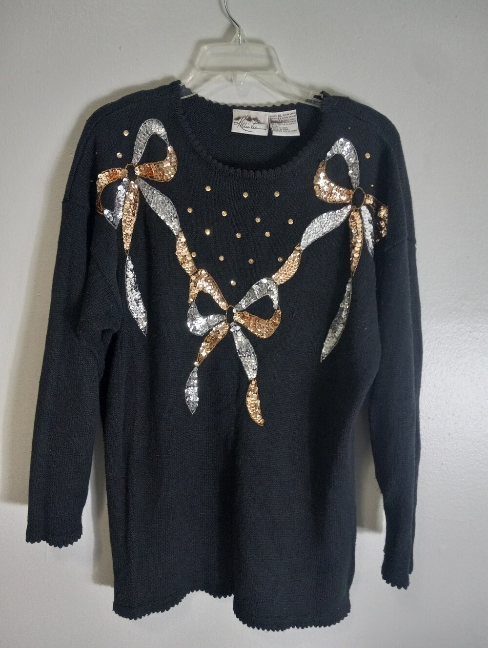 Vtg Bow And Glitter Knit Sweater Black Sequin Bow Crewneck Sweater - XL